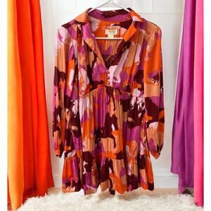 Maeve Horse Dress Size XSP Anthropology V neck Orange Fuchsia Pink buttons - EUC